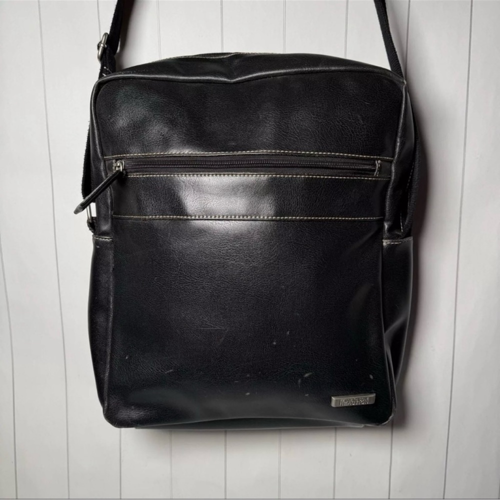 Kenneth Cole Reaction Black Leather‎ Crossbody Messenger Bag Business Cas Unisex